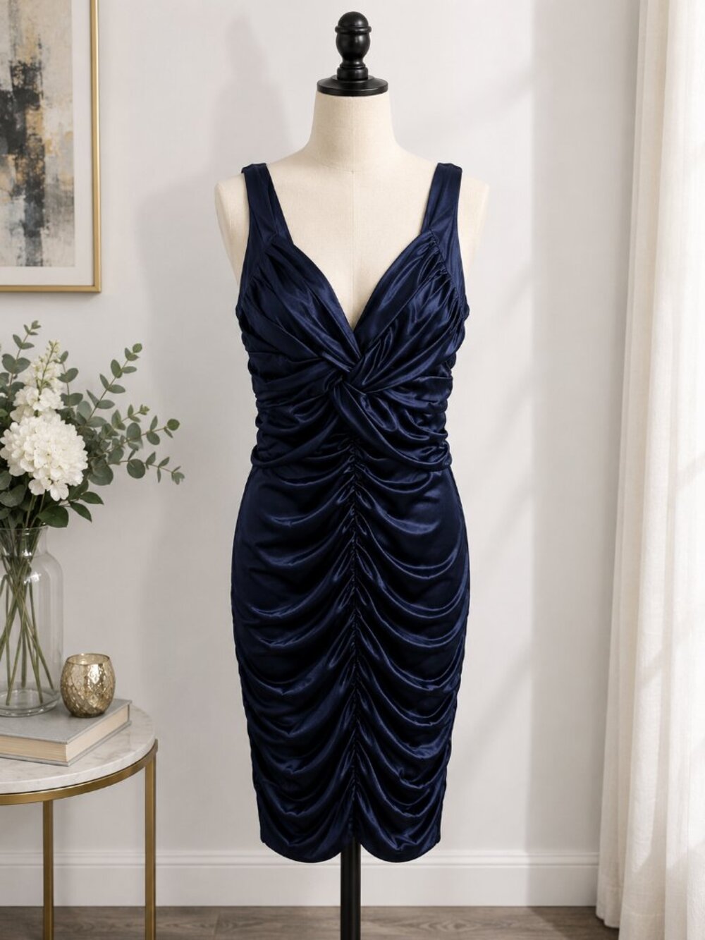 Jodi Kristopher Navy Ruched Cocktail Dress Size Large